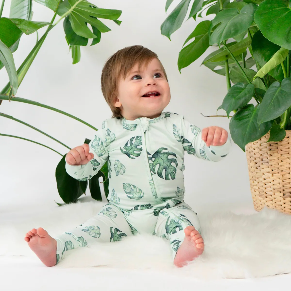 Footless Sleeper with Fold-Over Cuffs - Tropical Leaves