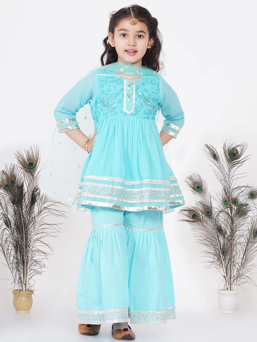 Girl's jaipuri Lacework and Gotta Patti work Kurta frock with Sharara and Dupatta - Sky Blue - Little Bansi Girls
