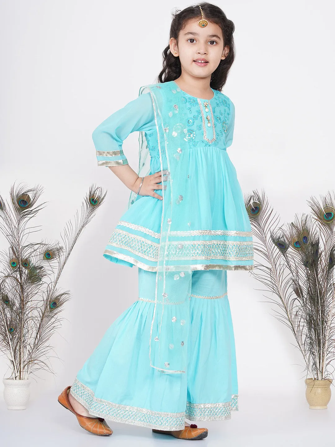 Girl's jaipuri Lacework and Gotta Patti work Kurta frock with Sharara and Dupatta - Sky Blue - Little Bansi Girls