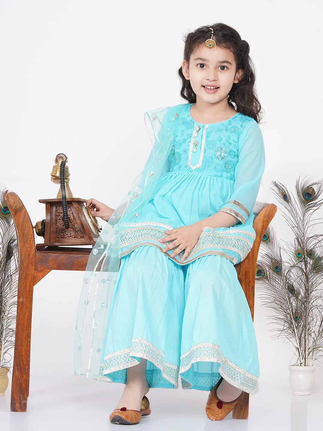 Girl's jaipuri Lacework and Gotta Patti work Kurta frock with Sharara and Dupatta - Sky Blue - Little Bansi Girls