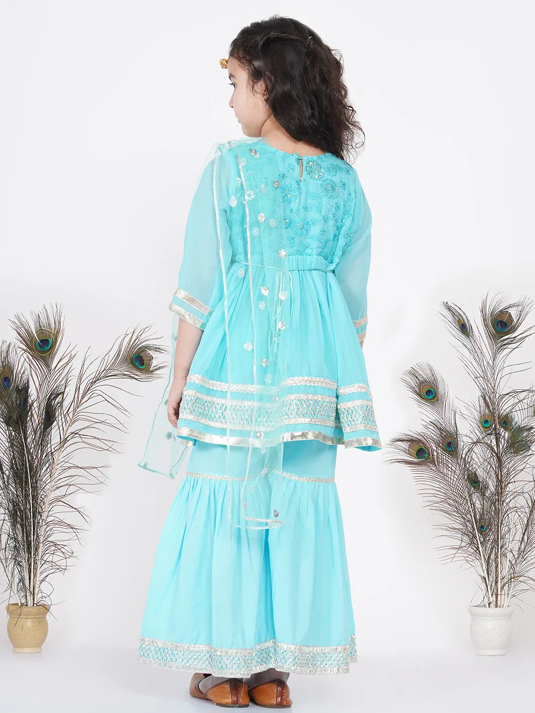 Girl's jaipuri Lacework and Gotta Patti work Kurta frock with Sharara and Dupatta - Sky Blue - Little Bansi Girls