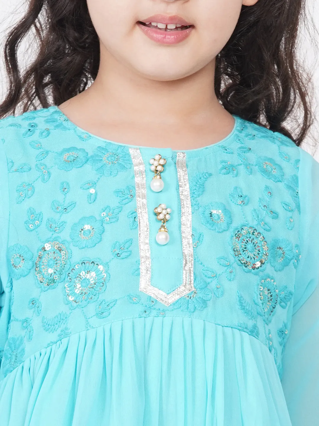 Girl's jaipuri Lacework and Gotta Patti work Kurta frock with Sharara and Dupatta - Sky Blue - Little Bansi Girls