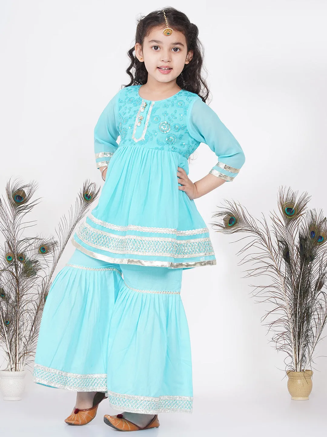 Girl's jaipuri Lacework and Gotta Patti work Kurta frock with Sharara and Dupatta - Sky Blue - Little Bansi Girls