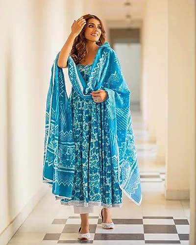 GoSriKi Women's Cotton Blend Floral Regular Kurta with Pant & Dupatta (Kalishta Sky Blue-GS