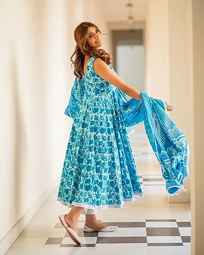 GoSriKi Women's Cotton Blend Floral Regular Kurta with Pant & Dupatta (Kalishta Sky Blue-GS