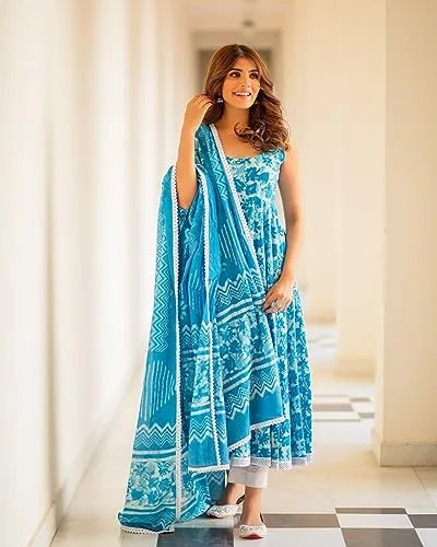 GoSriKi Women's Cotton Blend Floral Regular Kurta with Pant & Dupatta (Kalishta Sky Blue-GS