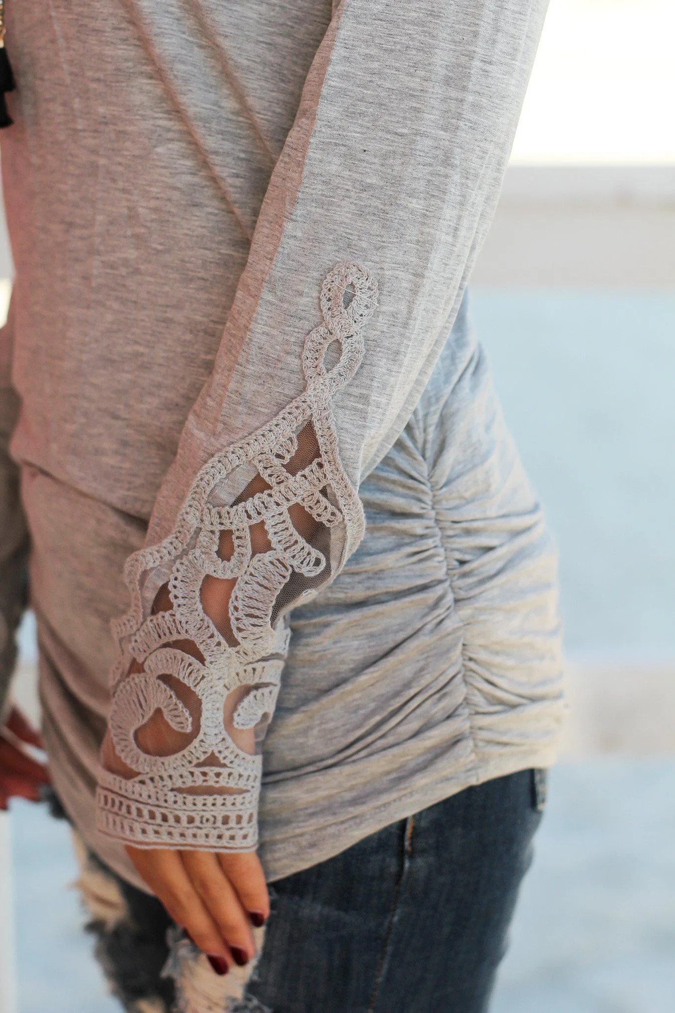 Gray Ruched Top with Crochet Sleeves