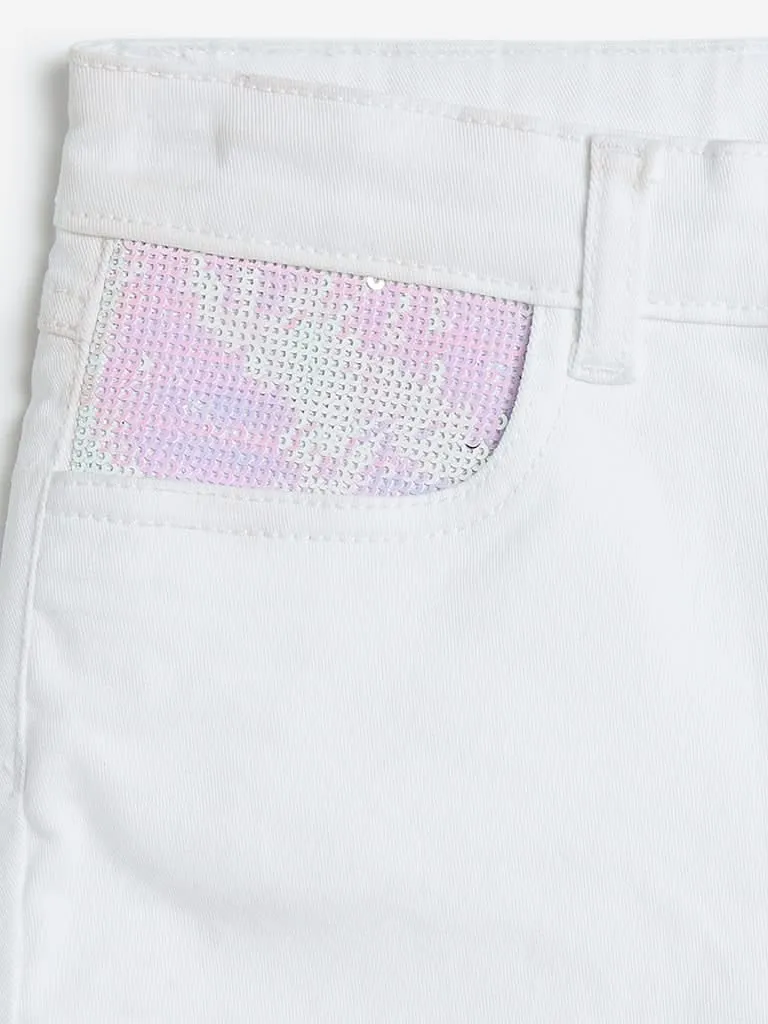 HOP Kids White Sequinned Denim Shorts
