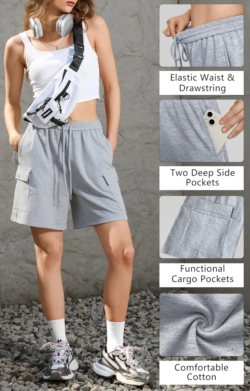 IVIR Women's Bermuda Shorts Sweat Shorts Knee Length Comfy Cotton Long Shorts with 4 Pockets for Summer Casual Hiking
