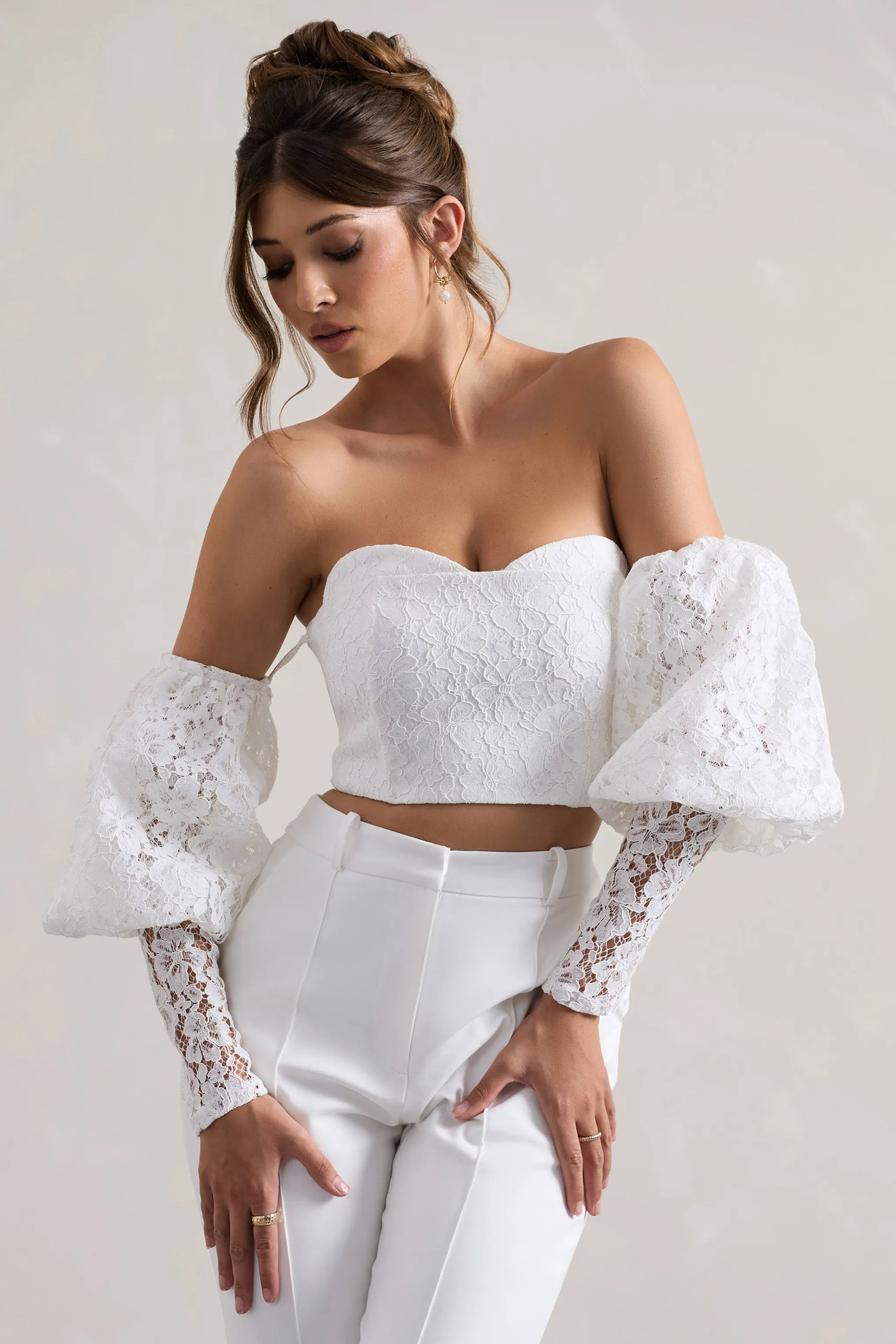 Marina | White Lace Bardot Puff-Sleeve Top