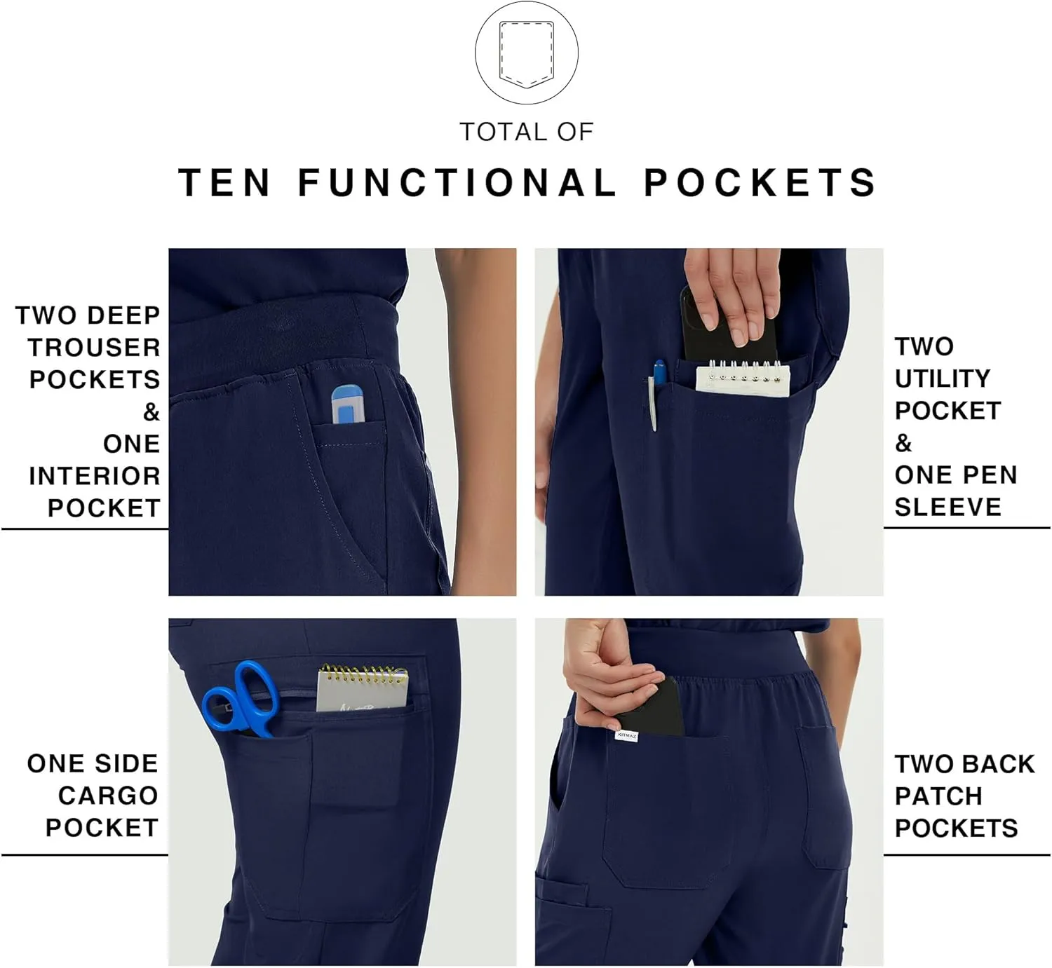 Medical Scrub Pants for Women, Mid Rise Skinny Straight Cargo with Yoga Waistband, Stretch, Anti-Wrinkle & 10 Pockets