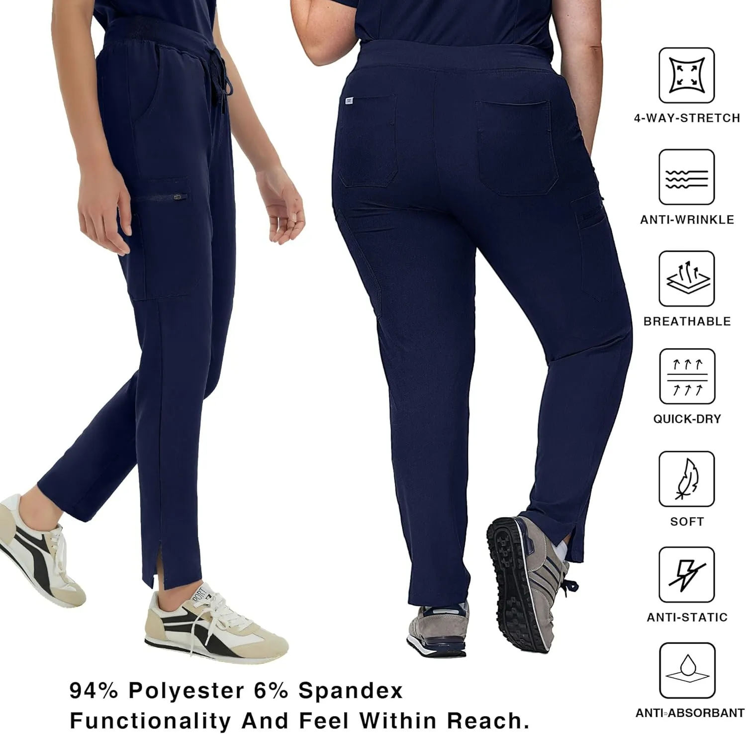 Medical Scrub Pants for Women, Mid Rise Skinny Straight Cargo with Yoga Waistband, Stretch, Anti-Wrinkle & 10 Pockets
