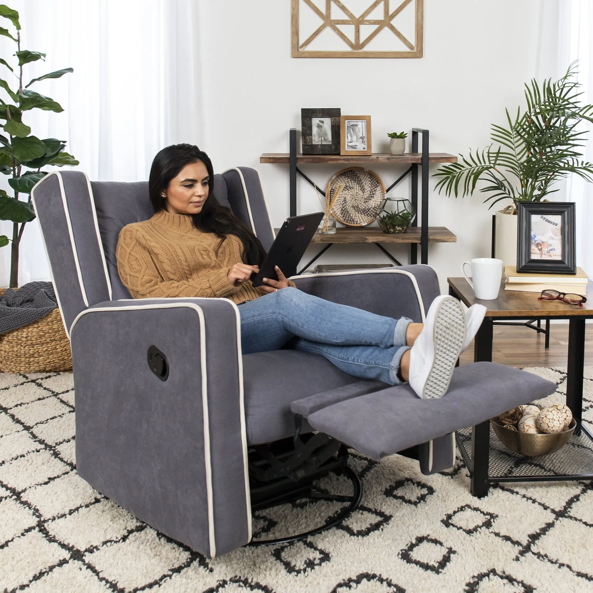 Mid-Century Modern Polyester Upholstered Swivel Recliner Rocking Chair