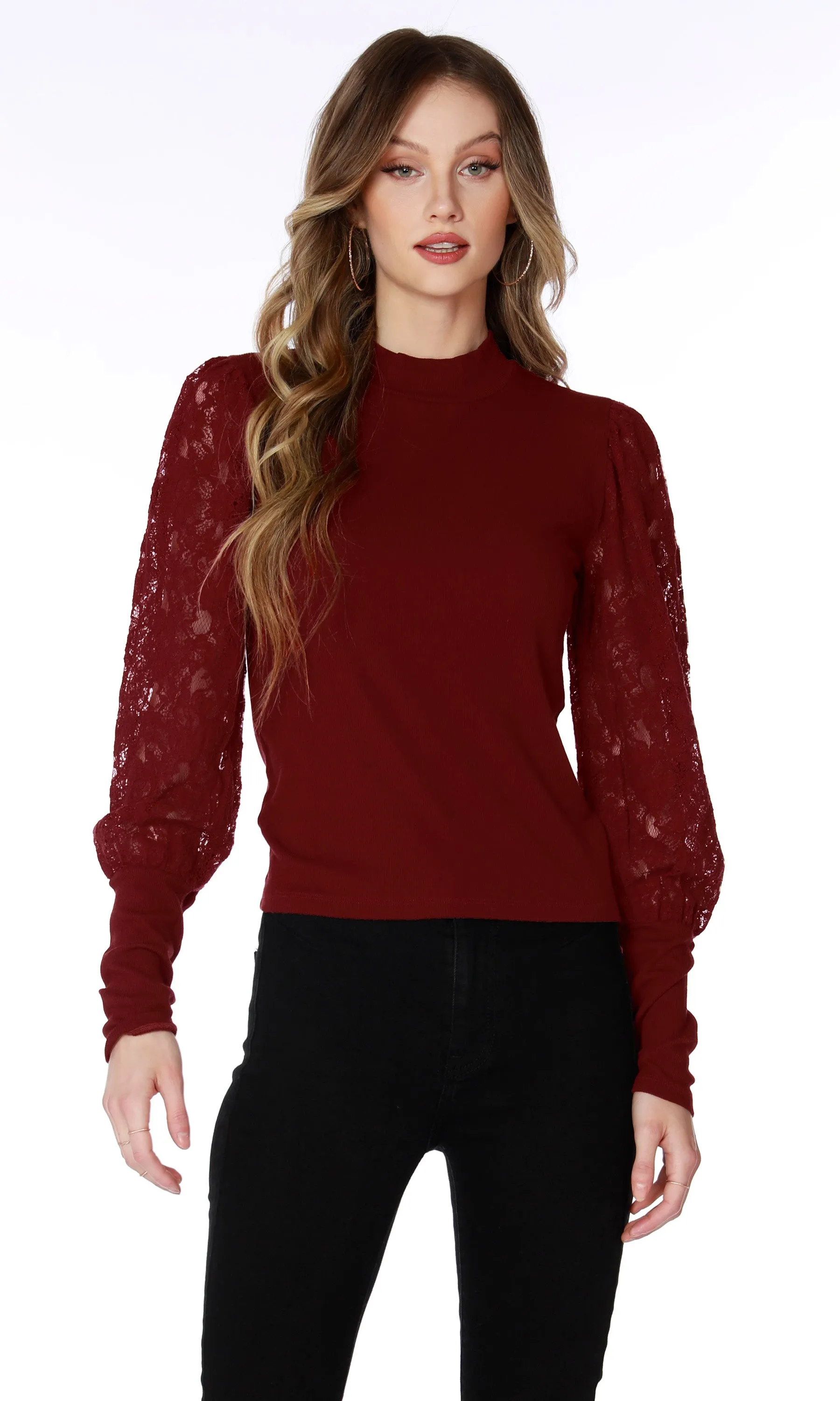Mock Neck Long Sleeve Top w/Lace