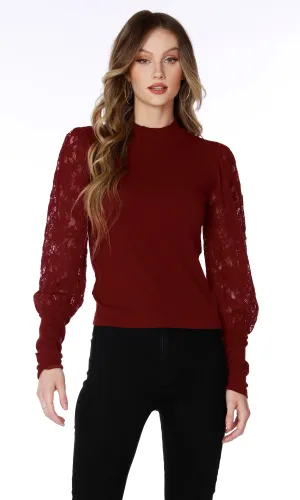 Mock Neck Long Sleeve Top w/Lace