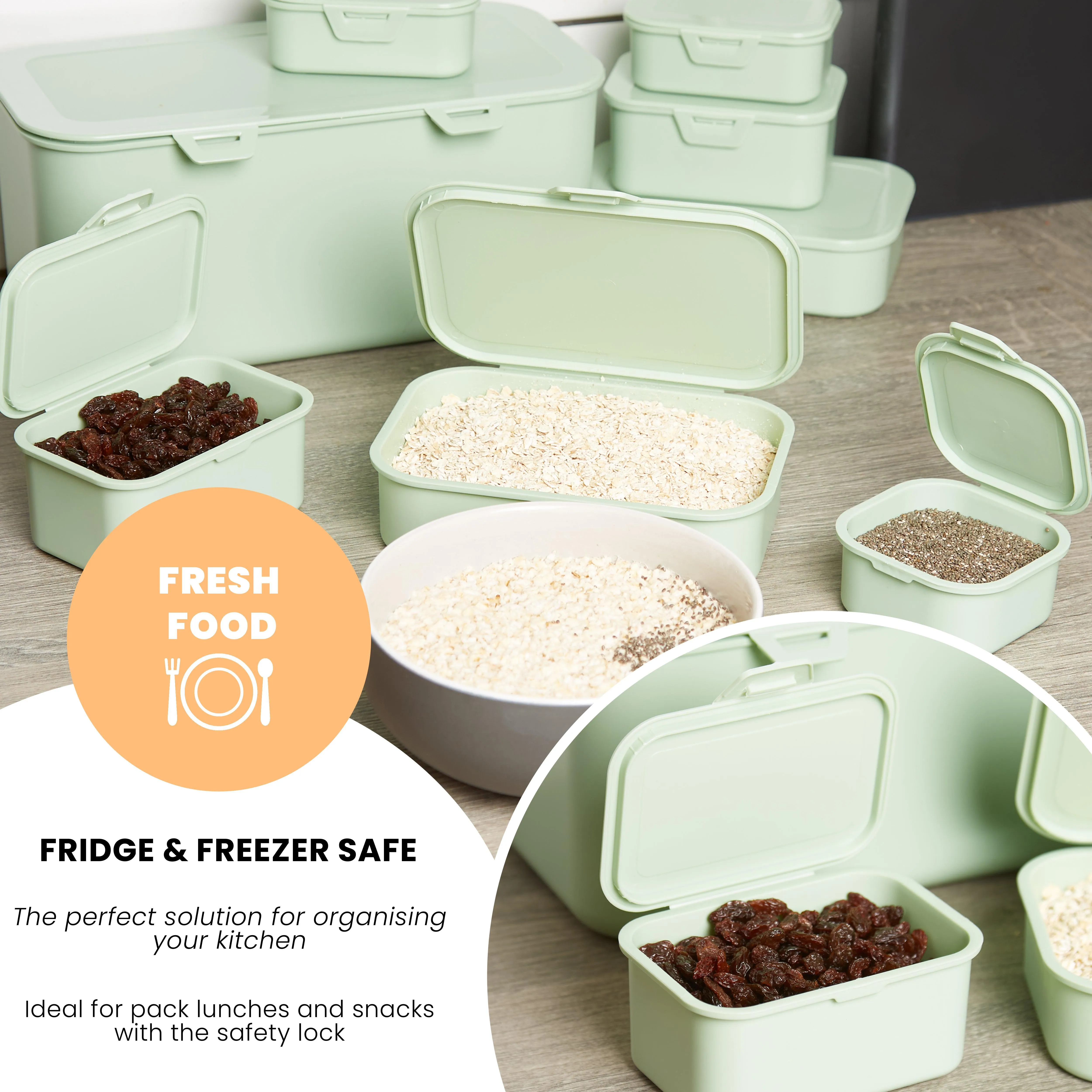 Multi Function Plastic (BPA Free) Storage Boxes With Attached Lids - Mint Green - Set of 8