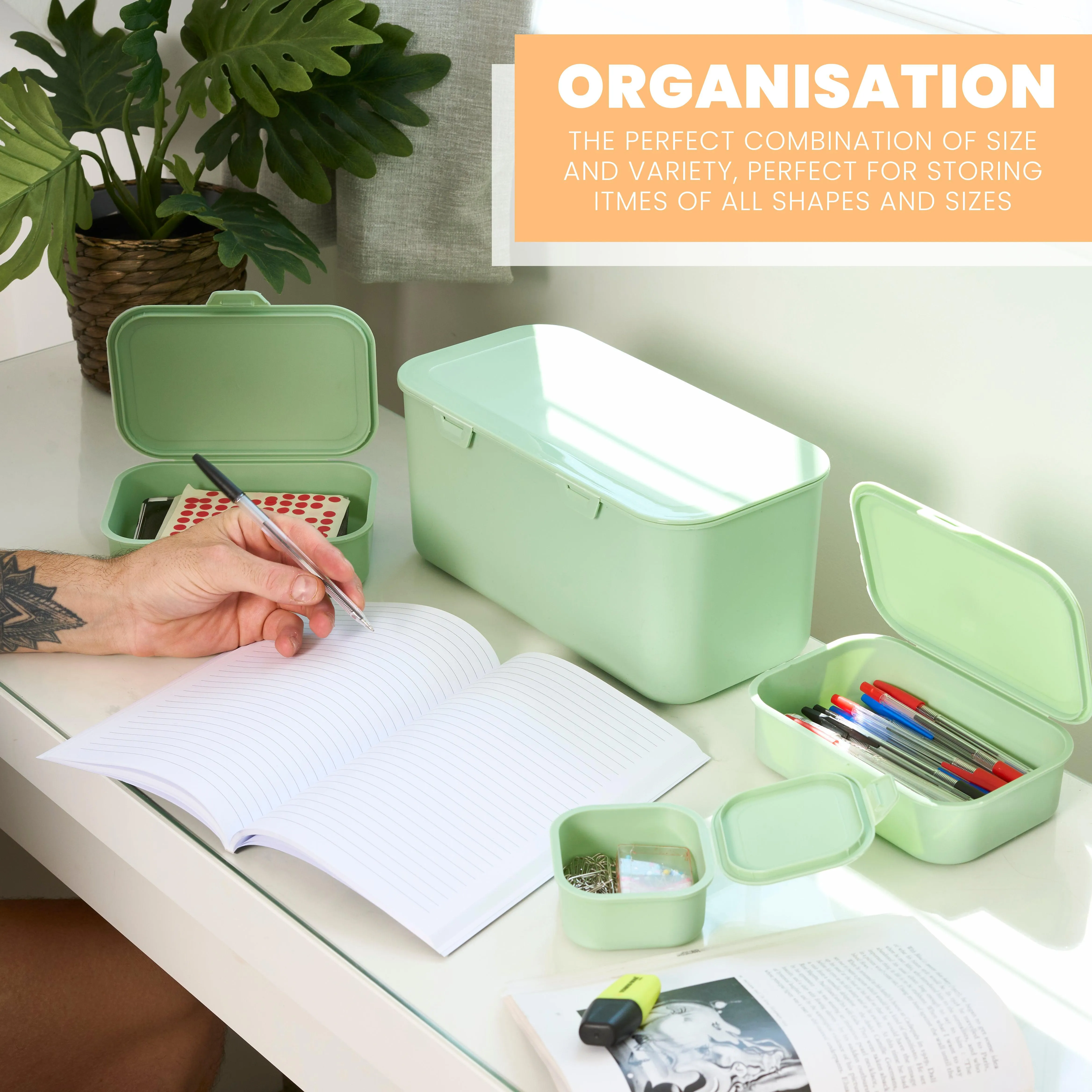 Multi Function Plastic (BPA Free) Storage Boxes With Attached Lids - Mint Green - Set of 8