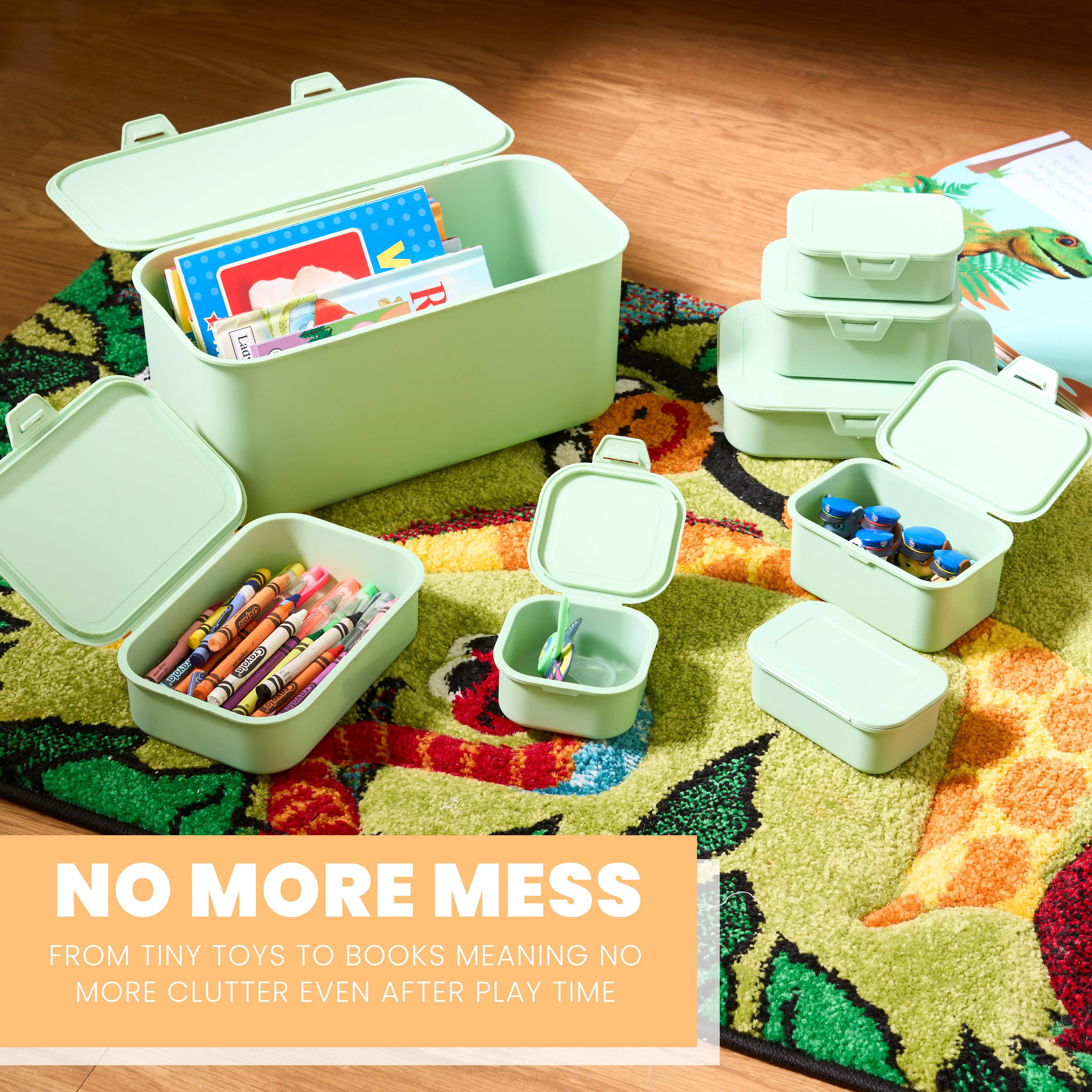 Multi Function Plastic (BPA Free) Storage Boxes With Attached Lids - Mint Green - Set of 8