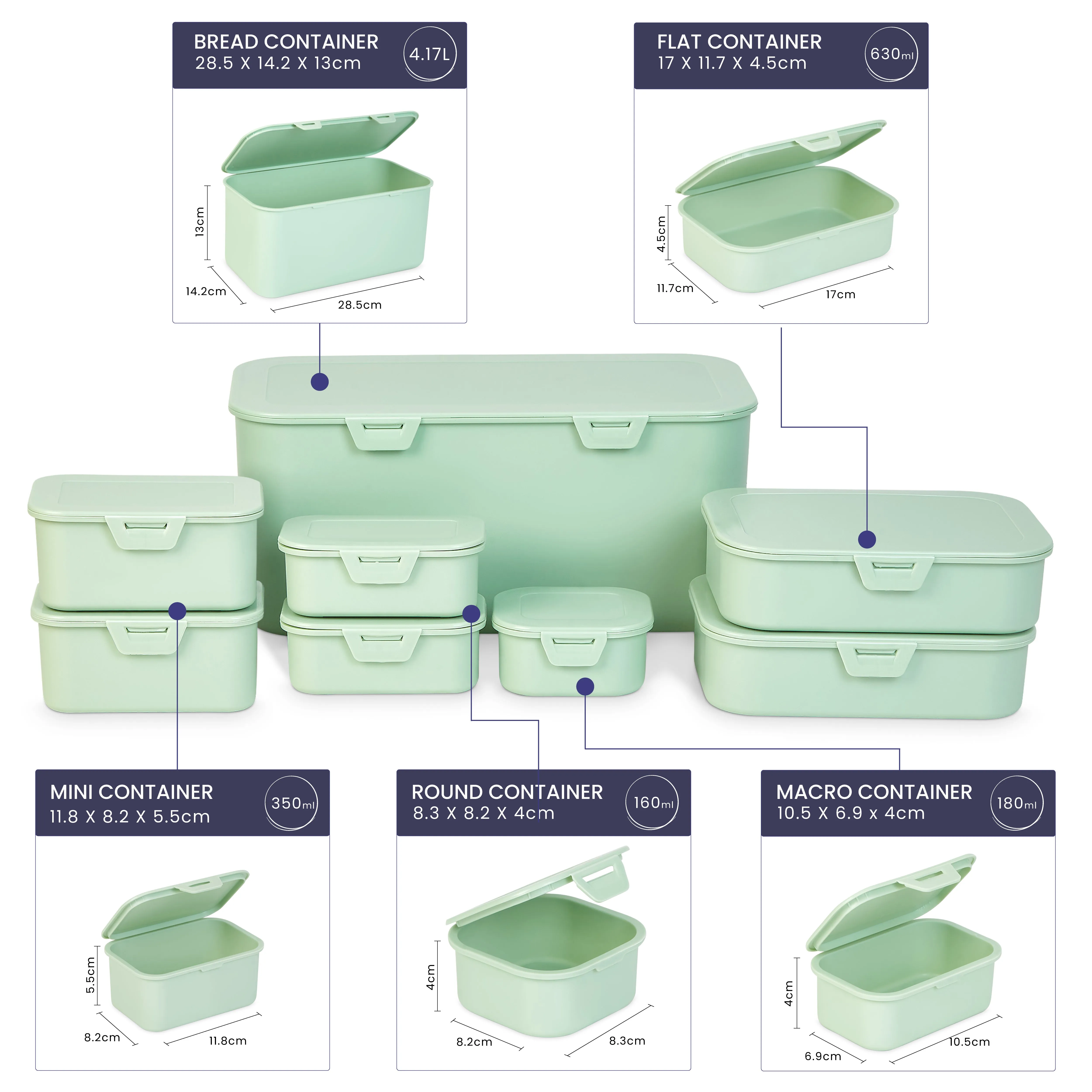 Multi Function Plastic (BPA Free) Storage Boxes With Attached Lids - Mint Green - Set of 8