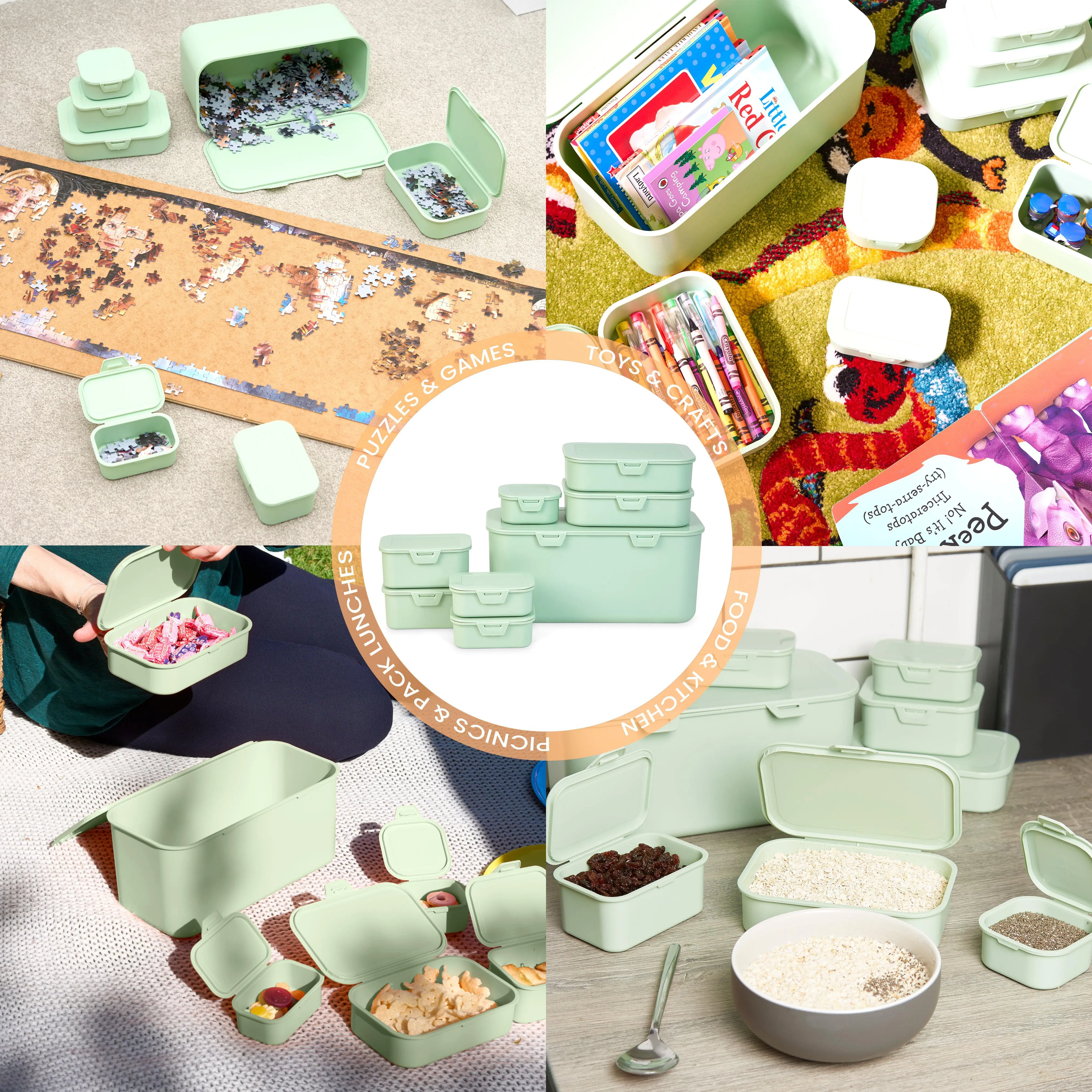 Multi Function Plastic (BPA Free) Storage Boxes With Attached Lids - Mint Green - Set of 8