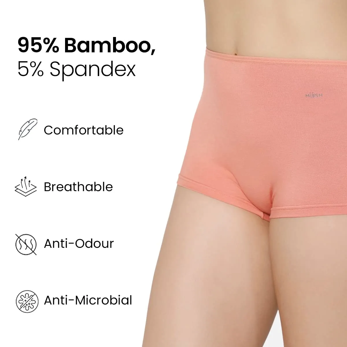 Mush Womens Ultra Soft High Waist Bamboo Modal Boyshorts || Breathable Panties || Anti-Odor, Seamless, Anti Microbial Innerwear (XL - Pack of 3, Peach, Beige & Black)