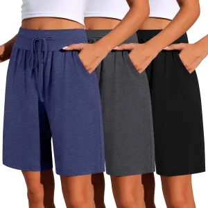 Neer 3 Pack Cotton Bermuda Shorts for Women Wide Leg High Waisted Drawstring Gym Shorts with Pocket