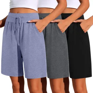 Neer 3 Pack Cotton Bermuda Shorts for Women Wide Leg High Waisted Drawstring Gym Shorts with Pocket