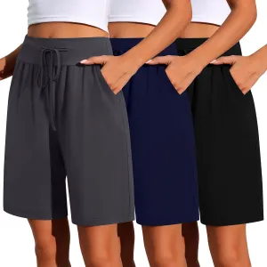 Neer 3 Pack Cotton Bermuda Shorts for Women Wide Leg High Waisted Drawstring Gym Shorts with Pocket