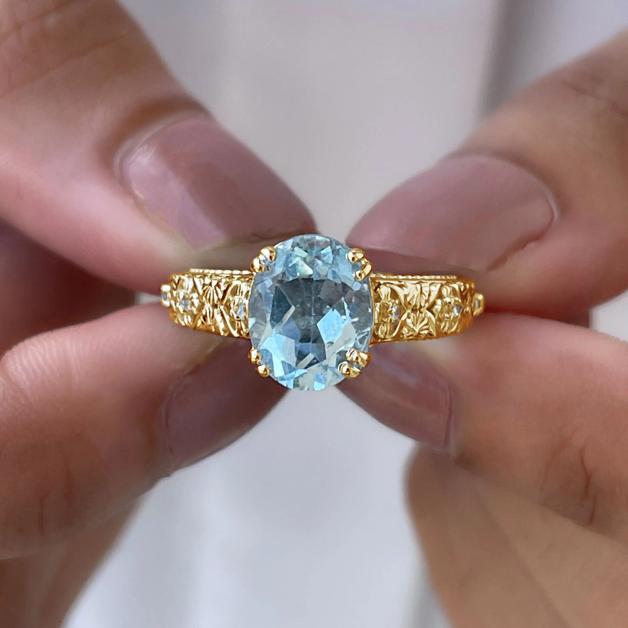 Oval Sky Blue Topaz and Diamond Vintage Style Solitaire Ring