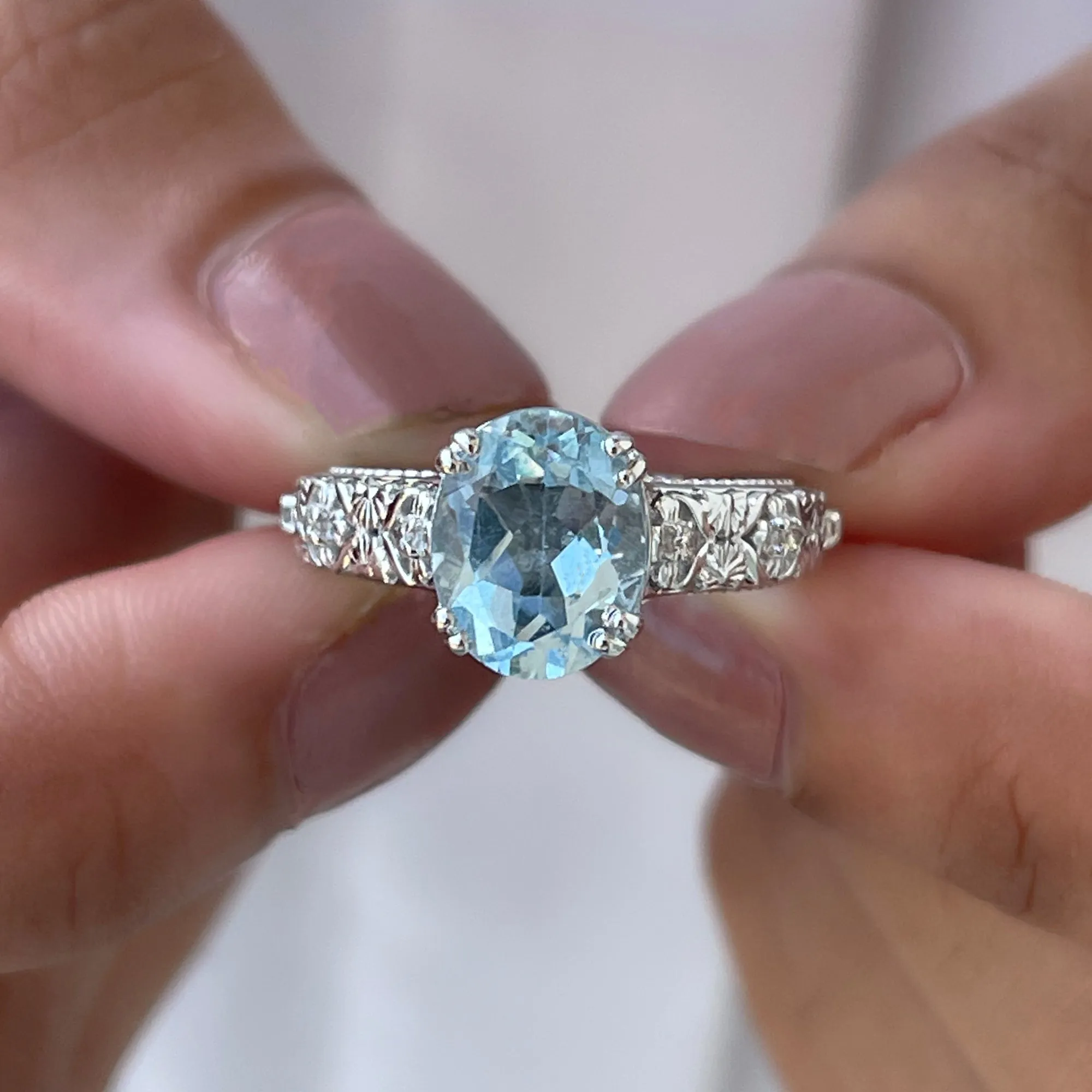 Oval Sky Blue Topaz and Diamond Vintage Style Solitaire Ring