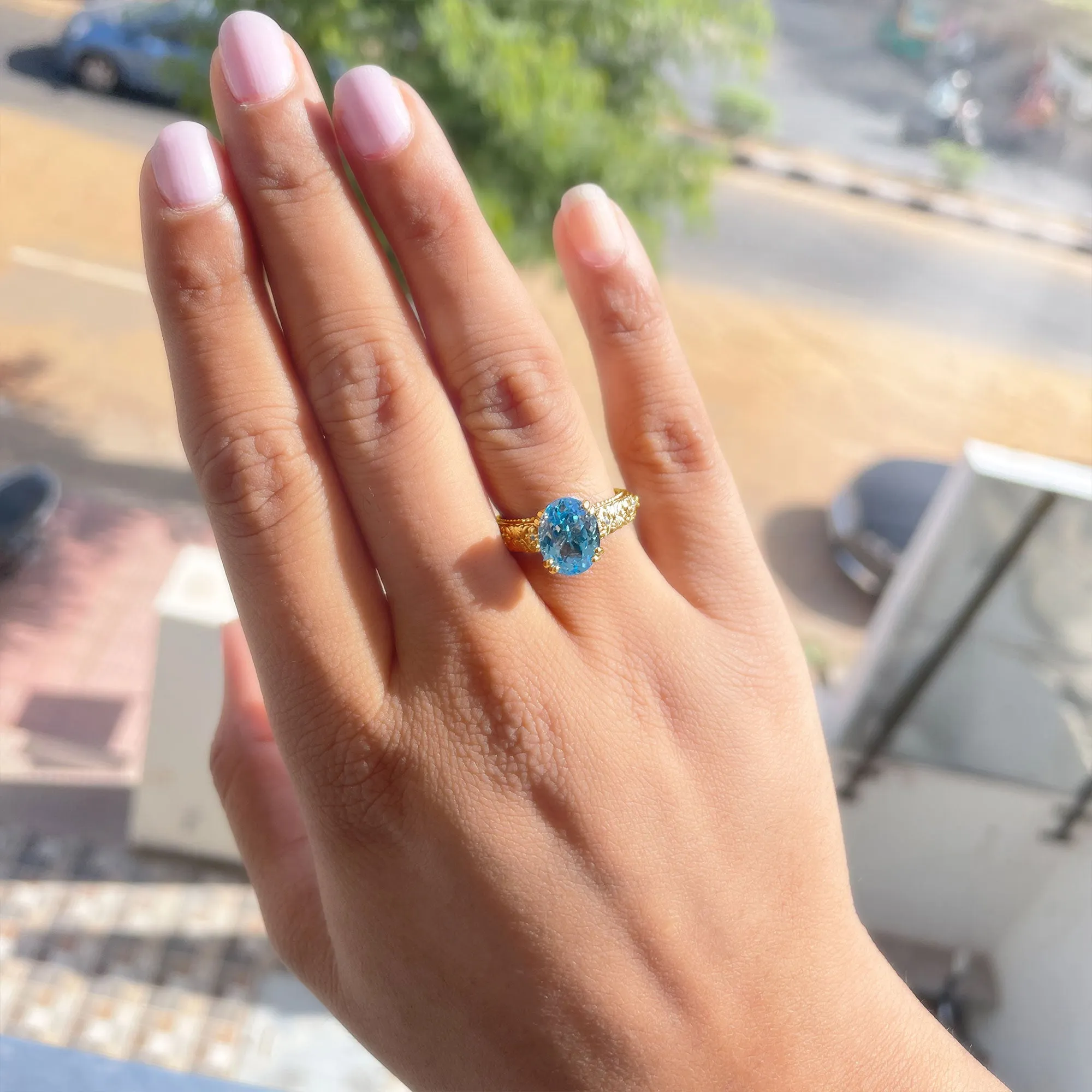 Oval Sky Blue Topaz and Diamond Vintage Style Solitaire Ring
