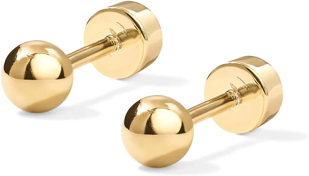 PAVOI 14K Gold Plated Solid 925 Sterling Silver Posts Dainty Ball Stud Flatback Earrings for Women - Cartilage Helix Piercing Jewelry - Small Screwbacks Stud Earrings for Women