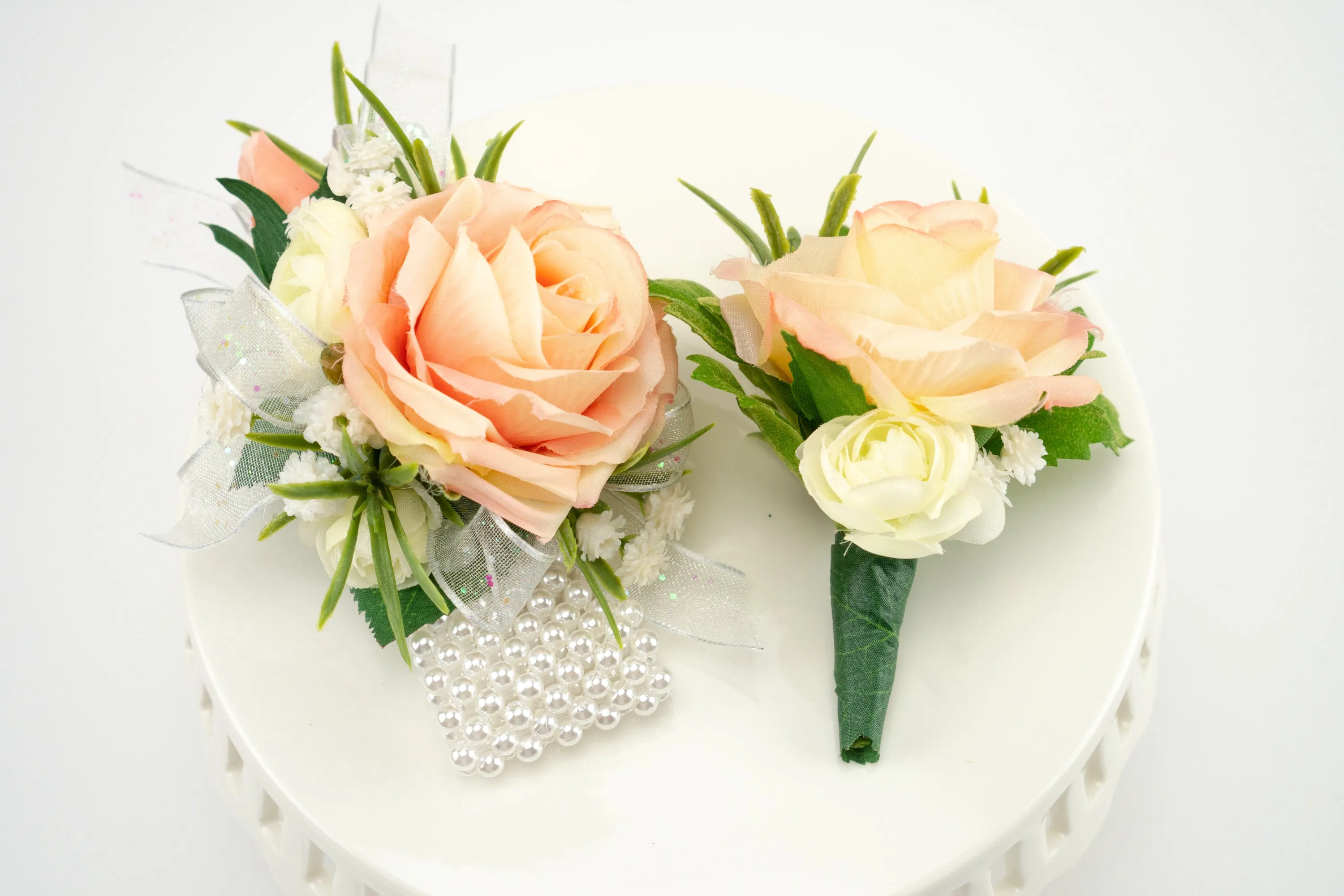 Peach Wrist Corsage and Boutonniere for Prom