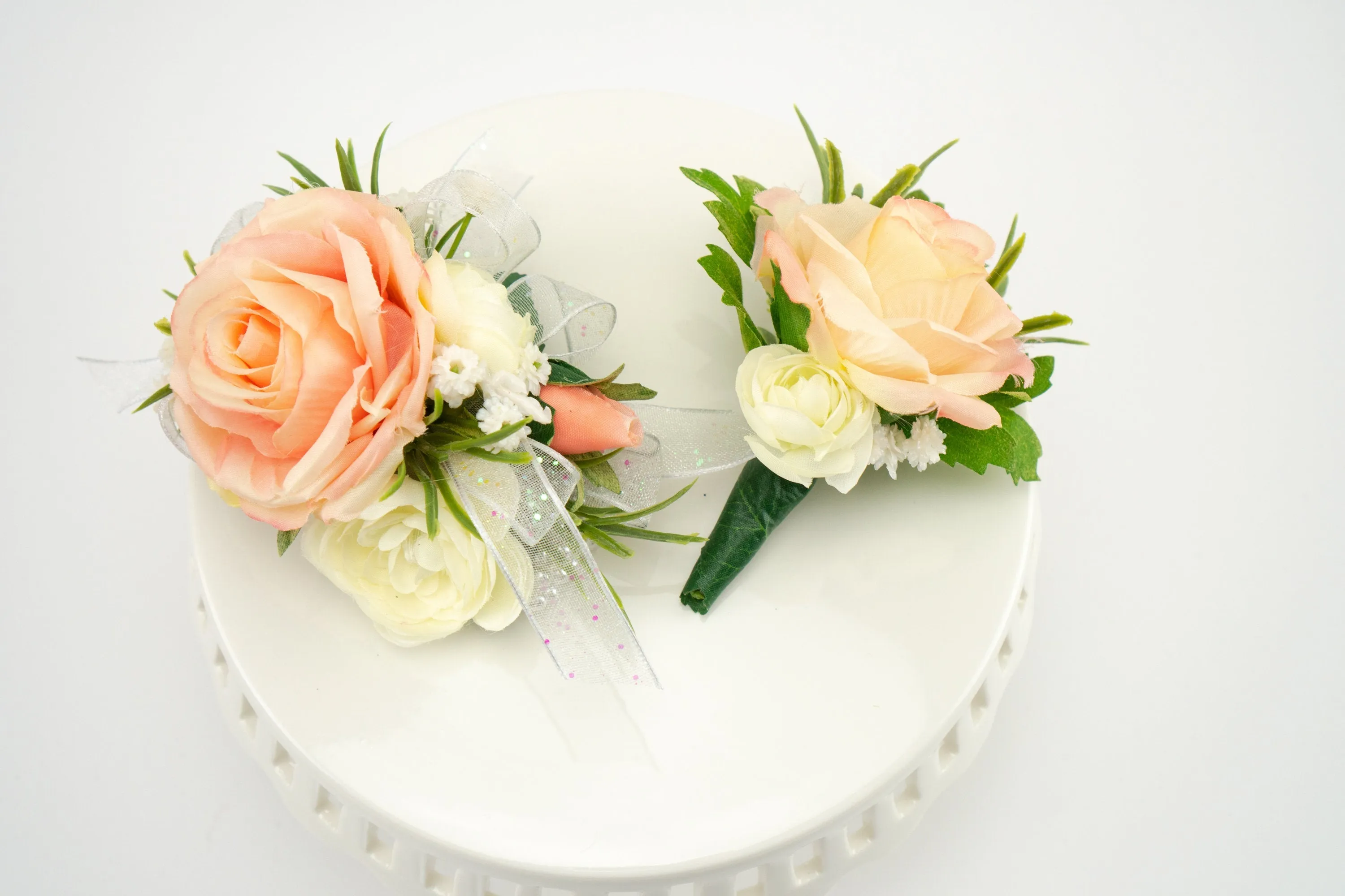 Peach Wrist Corsage and Boutonniere for Prom