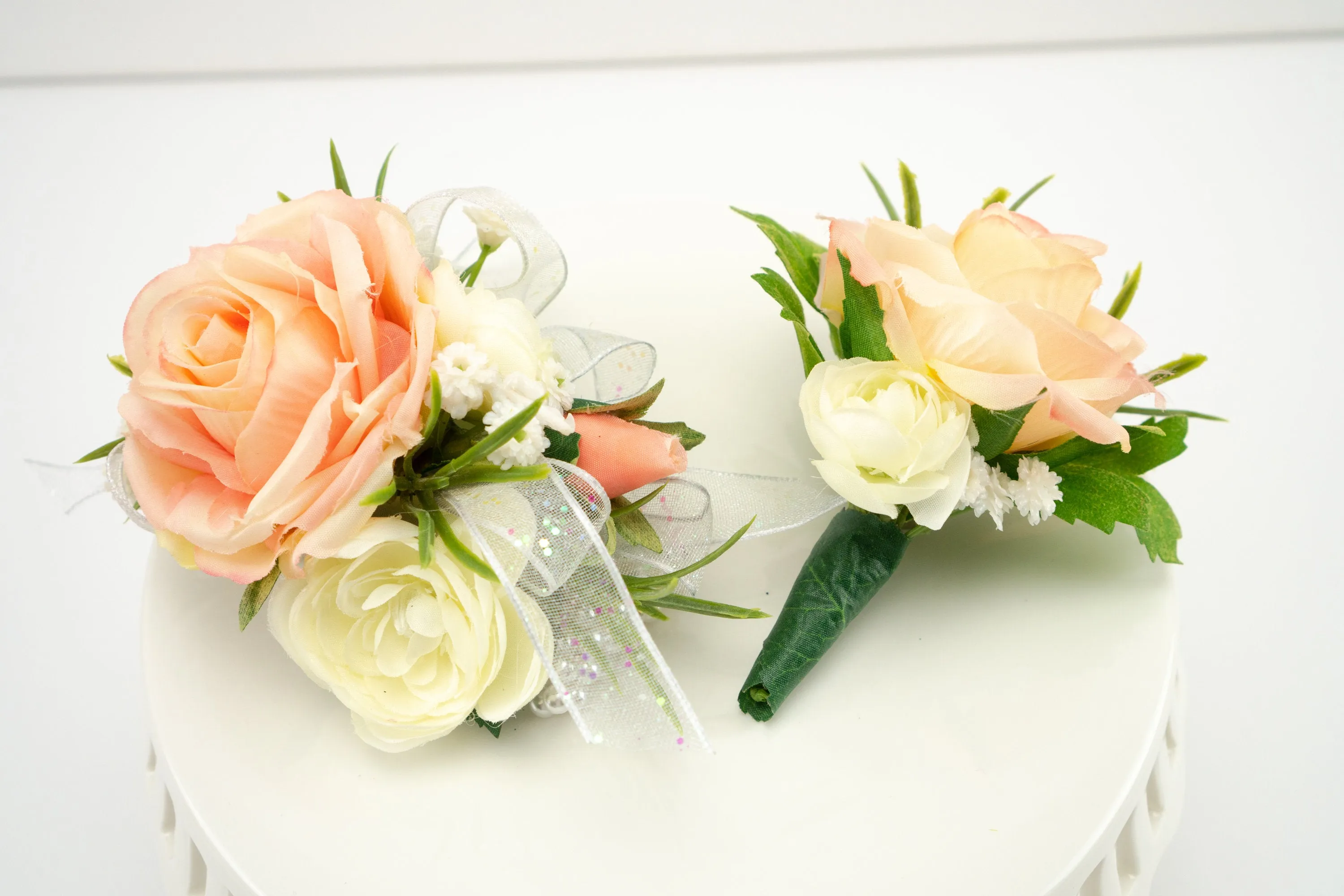Peach Wrist Corsage and Boutonniere for Prom
