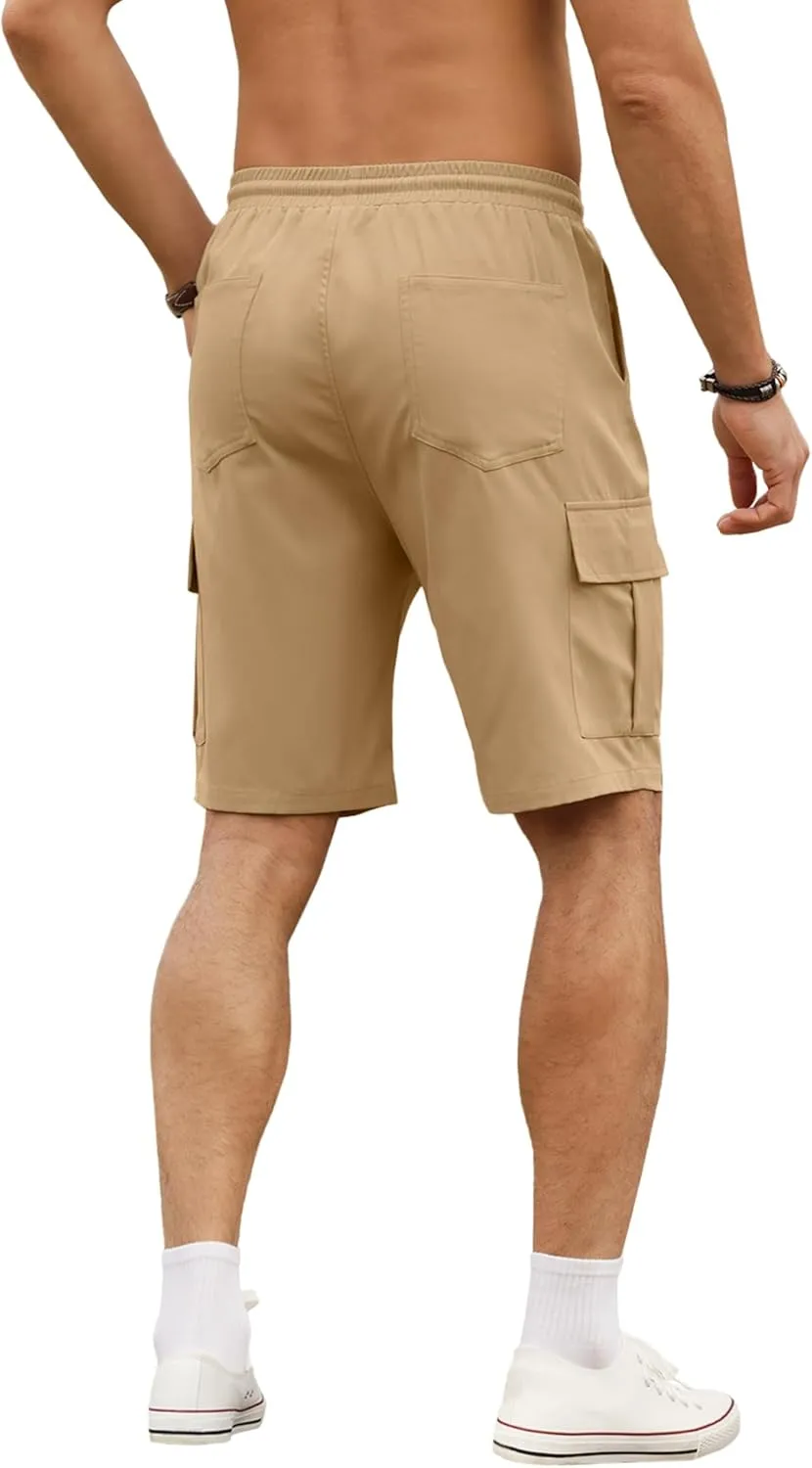 PLEPAN Men's Casual Cargo Shorts Classic Stretch Waist Drawstring Outdoor Work Shorts with 6 Pockets