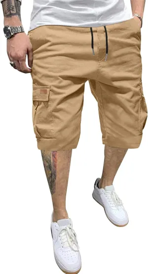PLEPAN Men's Casual Cargo Shorts Classic Stretch Waist Drawstring Outdoor Work Shorts with 6 Pockets
