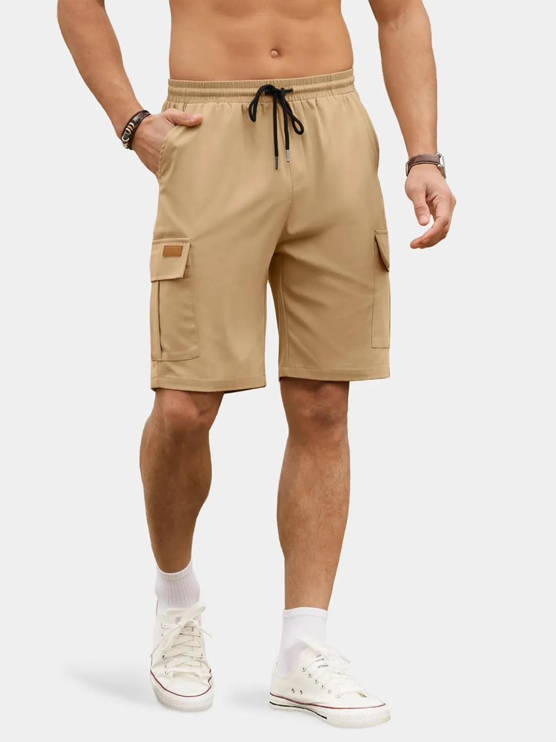 PLEPAN Men's Casual Cargo Shorts Classic Stretch Waist Drawstring Outdoor Work Shorts with 6 Pockets