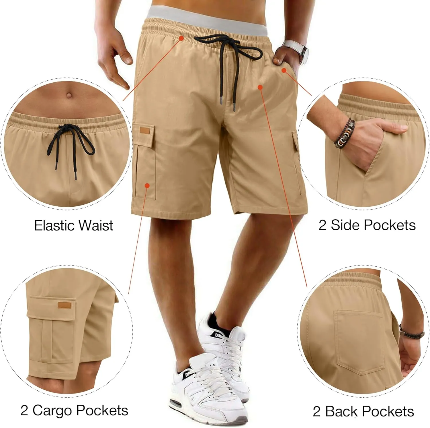 PLEPAN Men's Casual Cargo Shorts Classic Stretch Waist Drawstring Outdoor Work Shorts with 6 Pockets