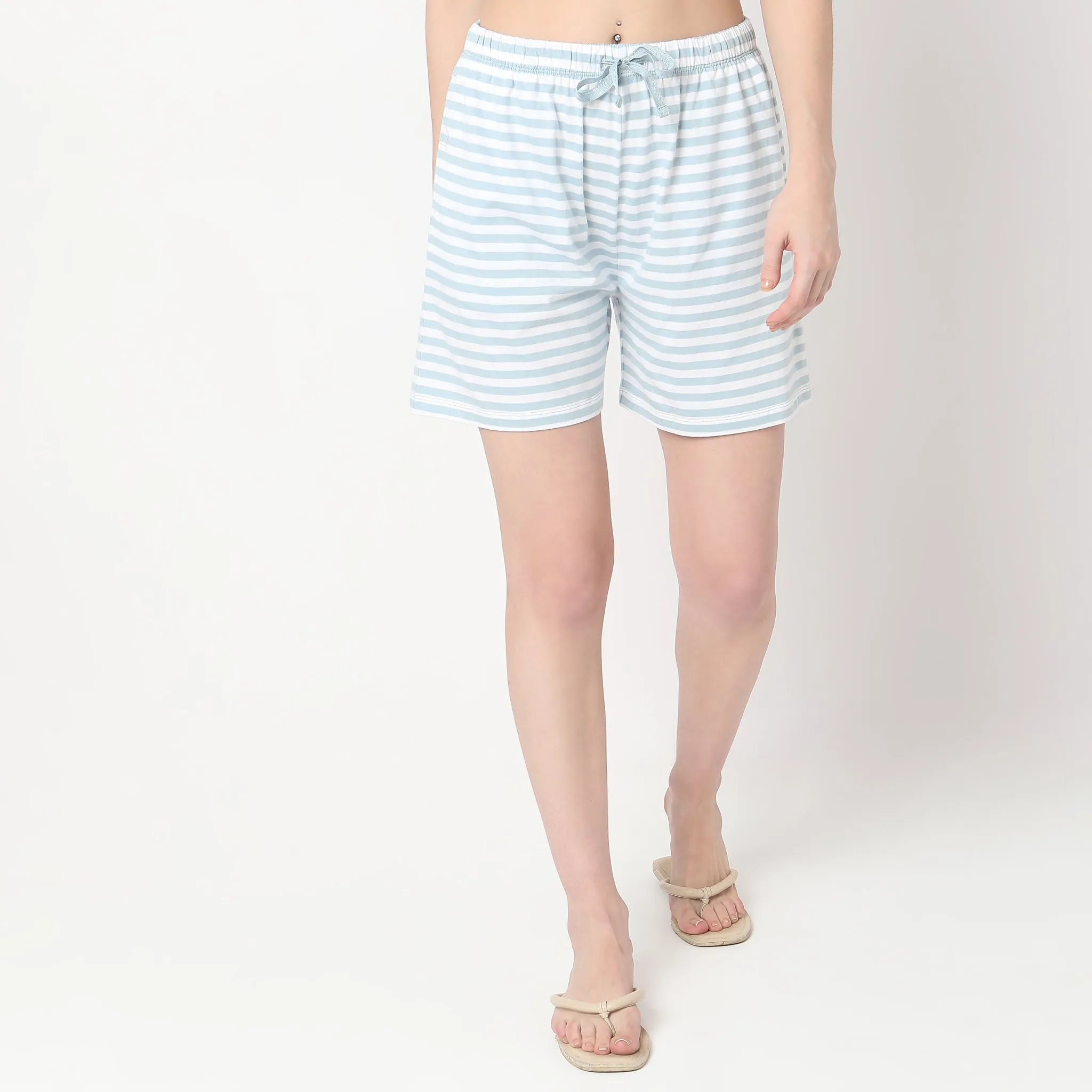 Regular Fit Striped Mid Rise Lounge Shorts