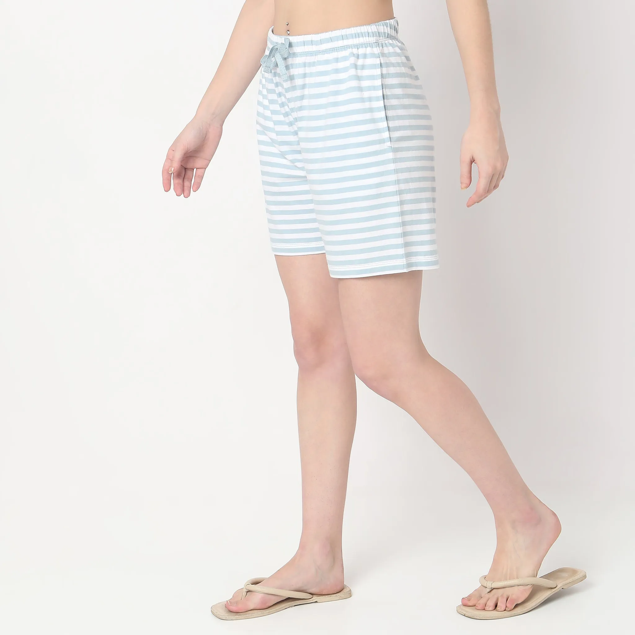 Regular Fit Striped Mid Rise Lounge Shorts