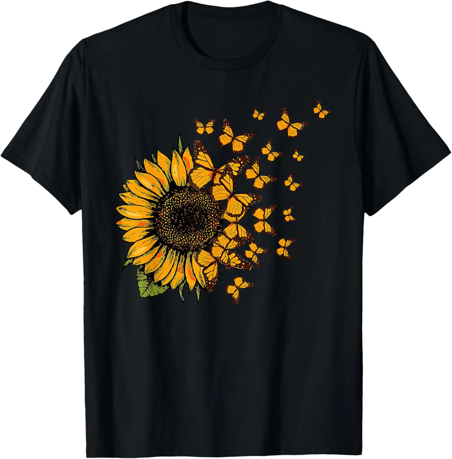 Retro Beautiful Sunflower With Yellow Butterflies Flying Out T-Shirt