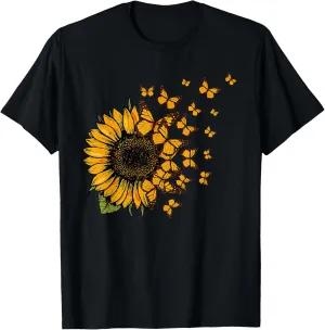Retro Beautiful Sunflower With Yellow Butterflies Flying Out T-Shirt