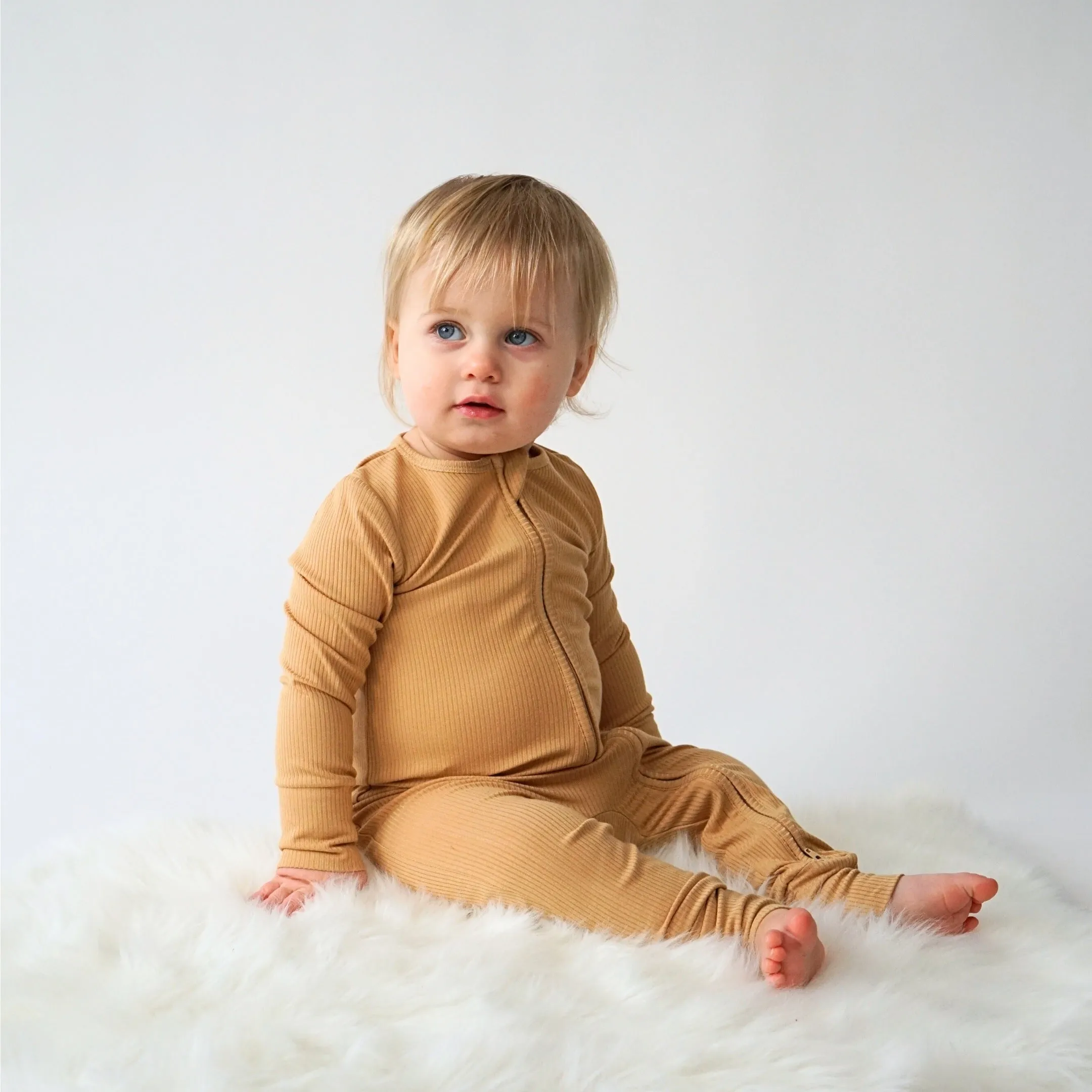 Ribbed Bamboo Footless Sleeper with Fold-Over Cuffs - Amber