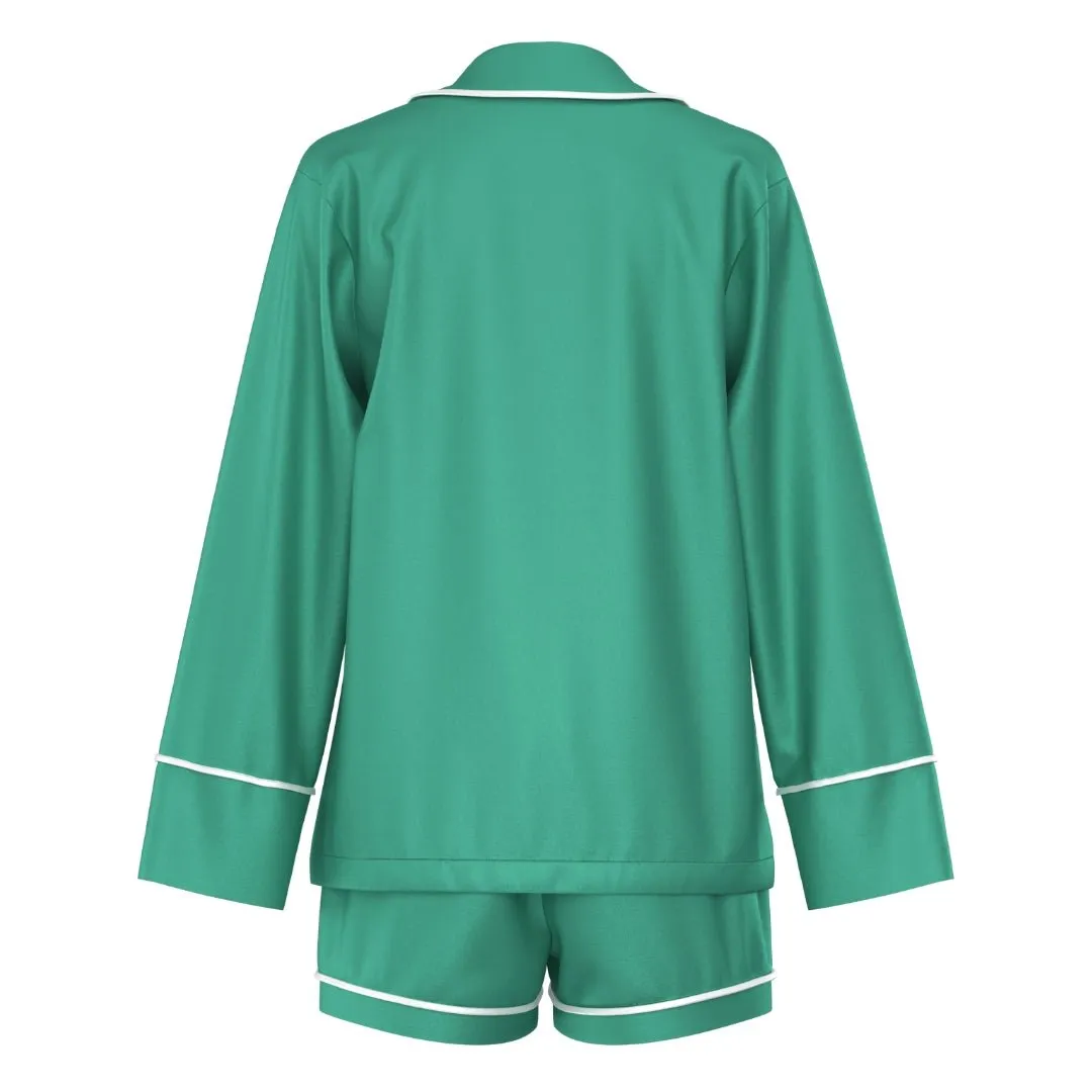 Satin Personalised Pyjama Set - Long Sleeve Emerald Green/White
