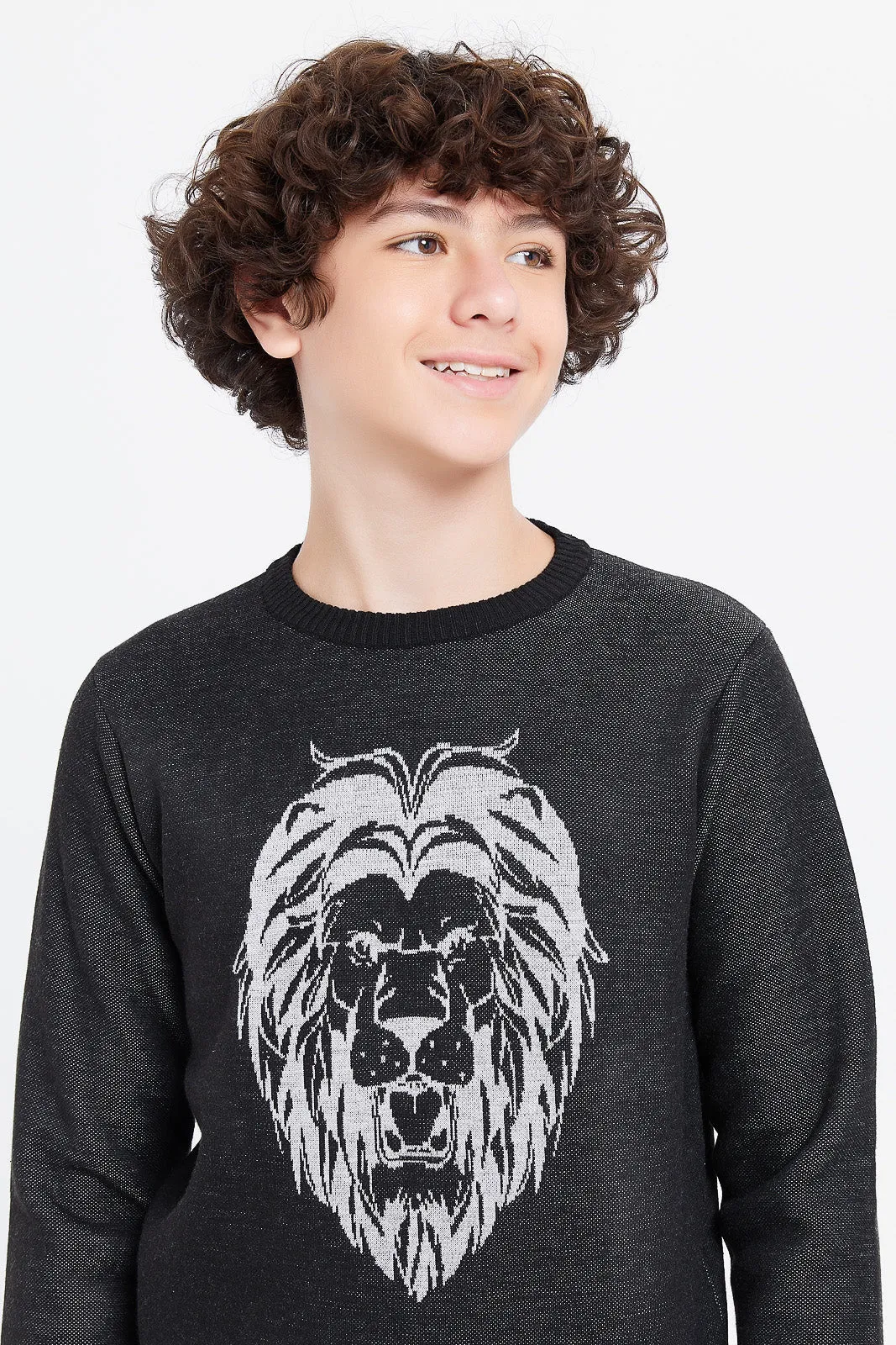 Senior Boys Black Lion Face Jacquard Pullover