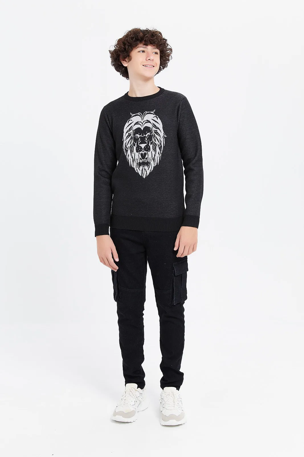 Senior Boys Black Lion Face Jacquard Pullover