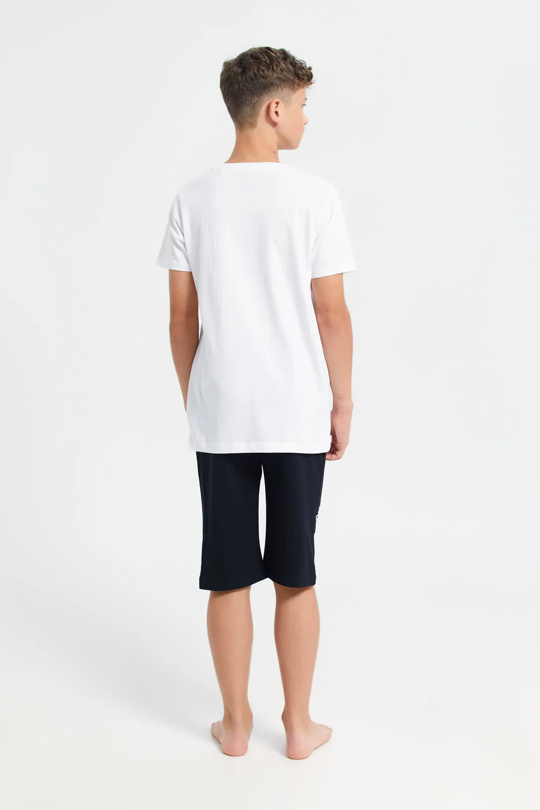 Senior Boys White And Black Printed Basic Pyjama Set (2 Piece)