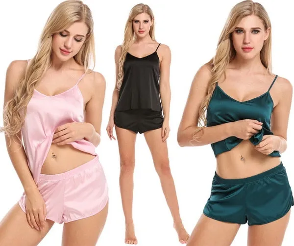 Sexy Ladies' V-neck Spaghetti Strap Satin Pajamas
