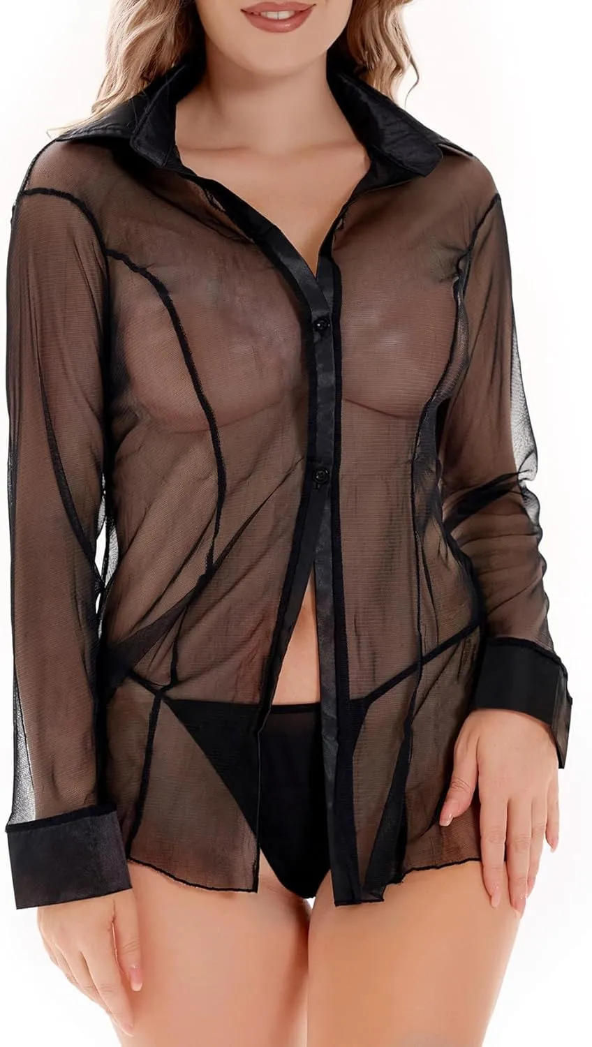 Sheer Mesh Button Shirt Women's Chiffon Shirt Long Sleeved See-through Blouse